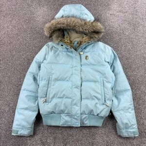 Special Blend Jacket Women's Small Light Blue Down Fill Polka Dot Faux Fur Hood